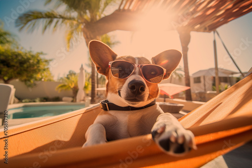 Funny dog sunbathing. Generative AI © Philippe