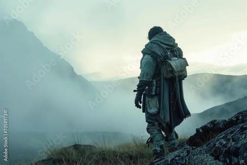 On a mist-covered hill at dawn A male model in a rugged explorer outfit gazes into the distance A symbol of adventure and discovery photo