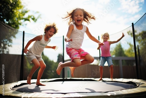 Kids having fun on a trampoline. photo