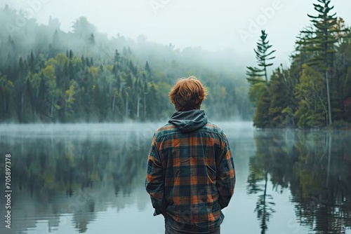 On a misty morning by the lake A male model in casual outdoor wear contemplates the serene waters A picture of tranquility and reflection