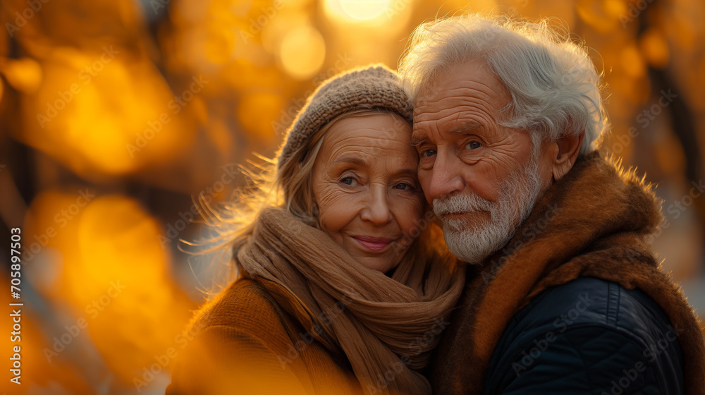 Mature couple is hugging outdoors. Old aged love concept. Selective focus. Generated with AI