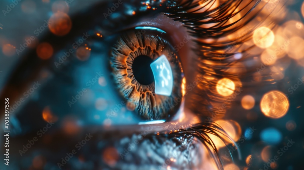 A close-up view of a person's eye. This image can be used for various purposes such as illustrating eye care, beauty, emotions, or even for a medical context - obrazy, fototapety, plakaty 
