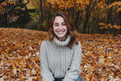 Surrounded by autumn leaves A woman in a cozy sweater and jeans smiles warmly A scene of seasonal charm