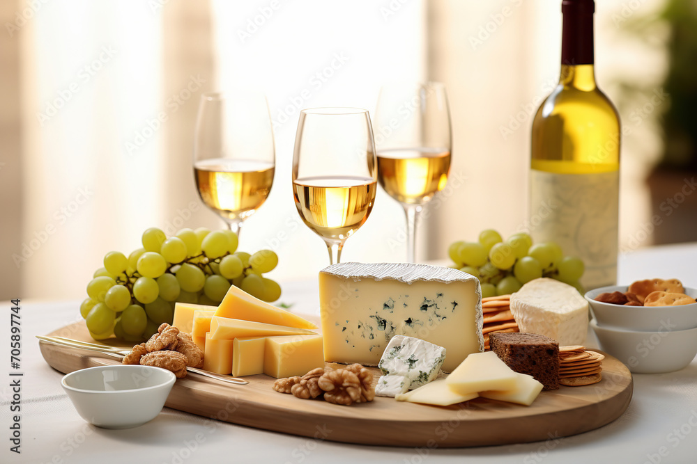 Cheese plate with cheeses and glasses with white wine on white table