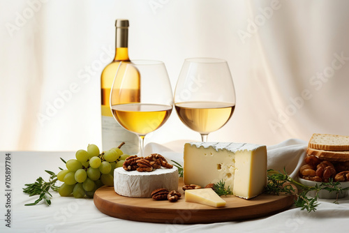 Two glasses of white wine and plate of cheese and grapes on table