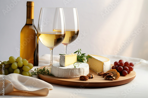 two glasses of wine, a plate with cheese and grapes