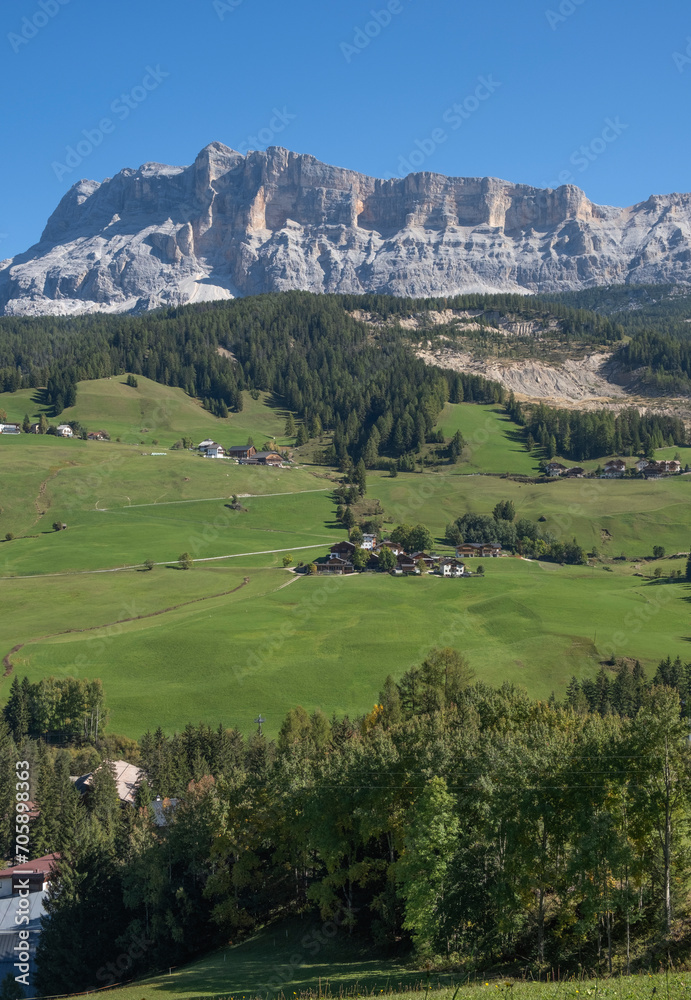View of houses and mountains in the Dolomites Italy