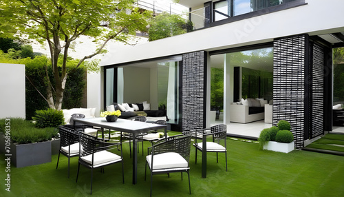 Exterior modern sophisticated backyard with table and chairs