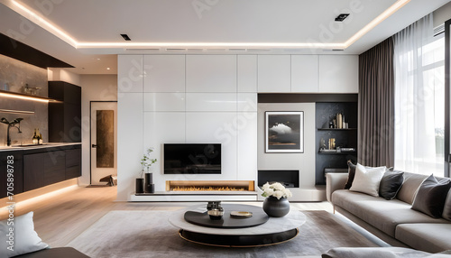 Interior design of living room in luxury home architecture design with elegant luxury style modern house. Modern Cozy apartment. Home decor. Contemporary Vision and Architechture