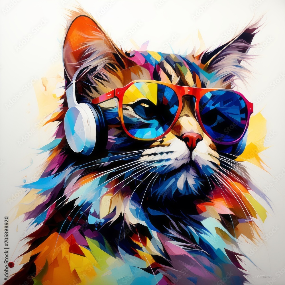 cat and with headphones and sunglasses created with generative AI software