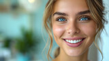 Visit to dentist. Blond beautiful girl with blue eyes and white teeth is smiling. Selective focus. Tooth care concept. Copy space