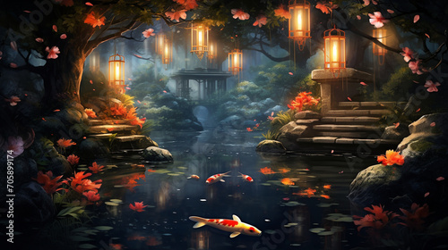 Koi Pond Serenity: Peaceful koi pond surrounded by lush greenery and illuminated by softly lit Chinese lanterns, perfect for a calming postcard, Postcard, Oriental, Chinese