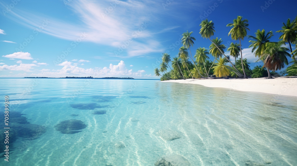 Fototapeta premium Tropical Island Paradise: Palm-fringed beaches, turquoise waters, and a clear sky, setting the scene for a tropical paradise postcard, Postcard