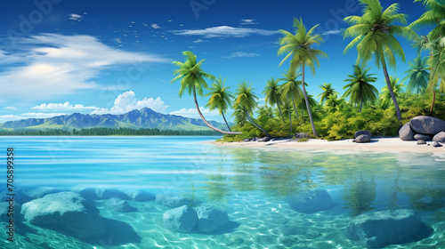 Tropical Island Paradise: Palm-fringed beaches, turquoise waters, and a clear sky, setting the scene for a tropical paradise postcard, Postcard