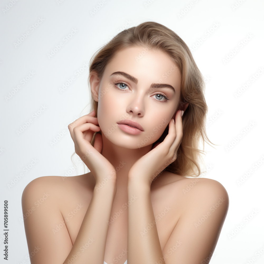 beautiful woman with spotless clear skin touching her face, AI Generative. beautiful woman with spotless clear skin touching her face, AI Generative.