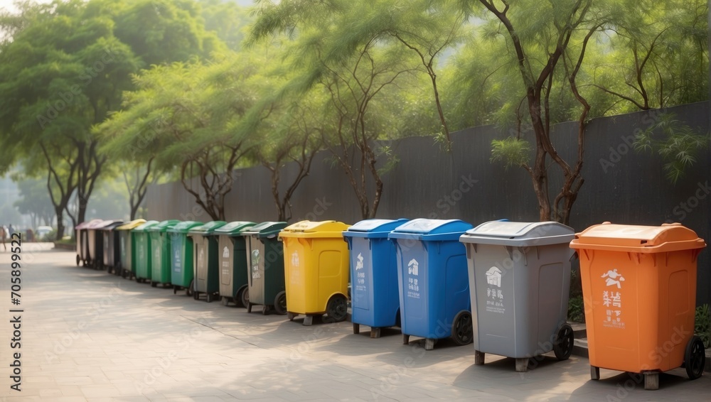 A row of garbage bins next to a recycling plant with trees. A row of garbage bins next to a recycling plant with trees.