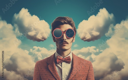 uomo con occhiali e farfallino con sfondo nuvole stile vintage