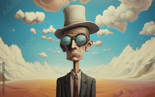 uomo con abito, occhiali, cappello, testa grossa, sfondo con nuvole, surrealista photo