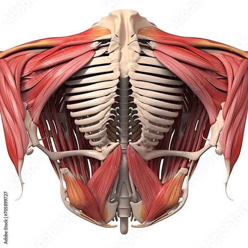 Canvas-taulu Human anatomy illustration showing ribcage and major chest muscles from an anterior view