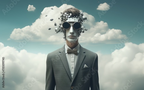 uomo con abito farfallino maschera e occhiali, nuvole come sfondo, surrealista photo