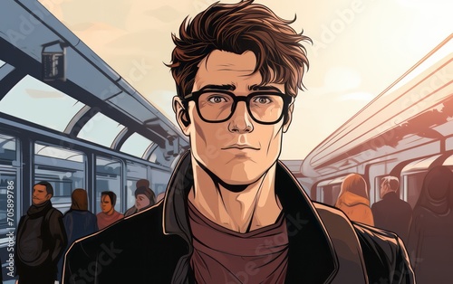 uomo con occhiali sulla metro o sul treno, sguardo preoccupato, stile fumetto photo