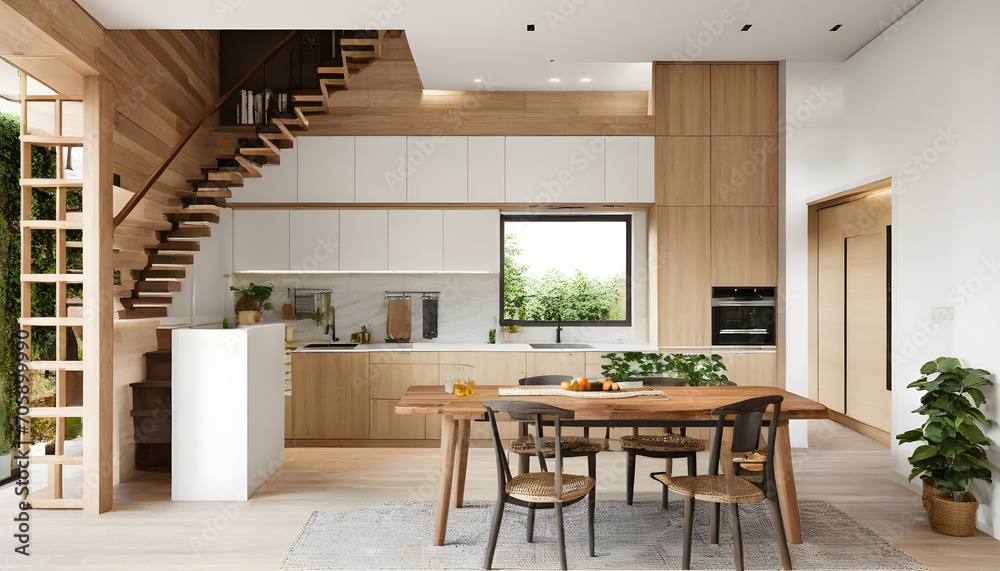 Wooden kitchen with staircase and table Wooden kitchen with staircase and table
