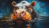 Oil painting portrait of an adult hippopotamus
