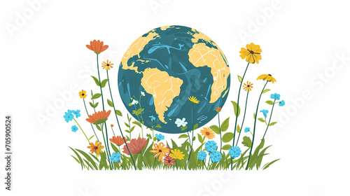 Creative abstract global ecology and environment protection business concept: mini green Earth planet globe with world map with green grass and color meadow flowers isolated on white background © © Raymond Orton