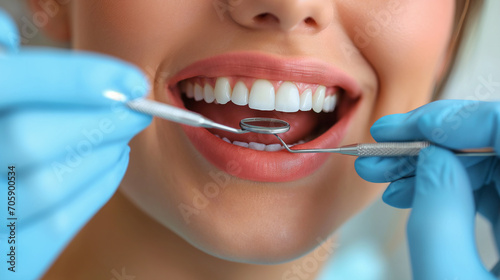 Dentist is examining teeth of young girl with equipments. Tooth care concept. Selective focus 