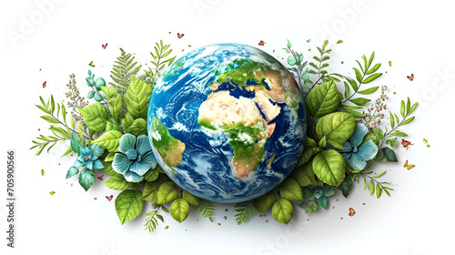 Creative abstract global ecology and environment protection business concept: mini green Earth planet globe with world map with green grass and color meadow flowers isolated on white background