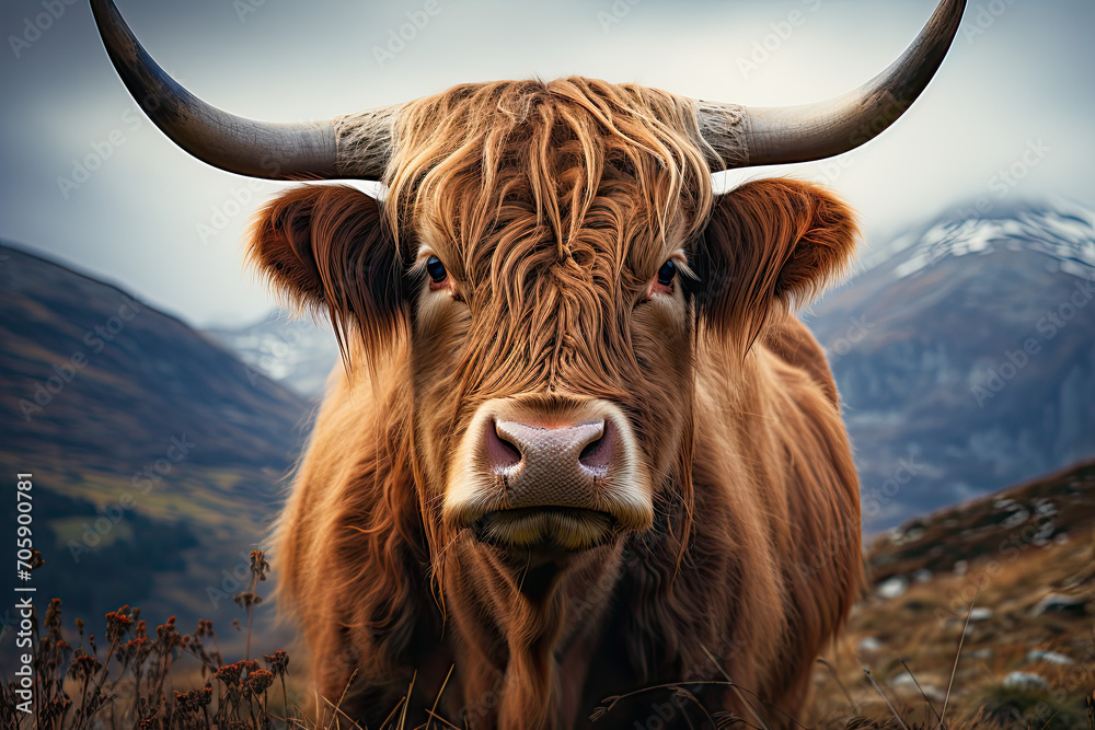 A beautiful portrait of a brown Scottish Highland Cattle cow with long horns. - obrazy, fototapety, plakaty 
