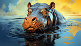 Oil painting portrait of an baby hippopotamus
