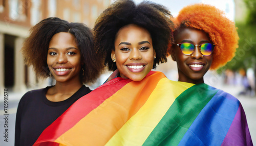 Group of three african american women with rainbow flag in the city