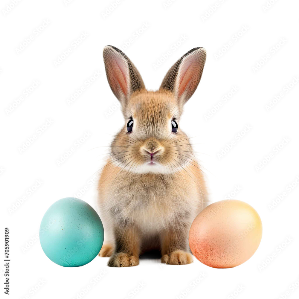 Cute Rabbit and Colored Easter Eggs isolated on transparent background