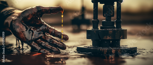 Crude oil production. Hands of worker in crude oil. Oil spilled in hands of worker during crude extraction. Oilfield Accident. Spilled petroleum products. Oil industry Crisis. Economic downturn photo