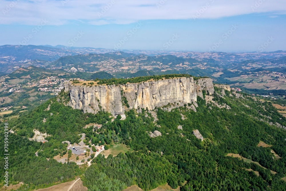 Aerial view of Bismantova Rock, Pietra di Bismantova, located near to Castelnovo nè Monti, Reggio Emilia, Italy