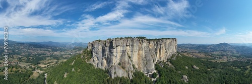 Aerial view of Bismantova Rock, Pietra di Bismantova, located near to Castelnovo nè Monti, Reggio Emilia, Italy