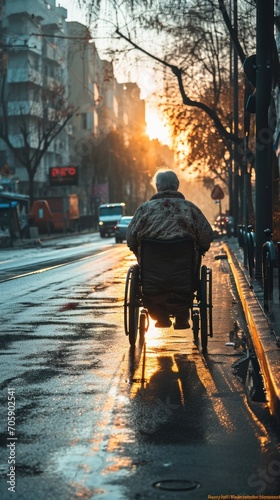 An elderly man in a wheelchair on the street of an autumn city, view from the back © Nino Lavrenkova