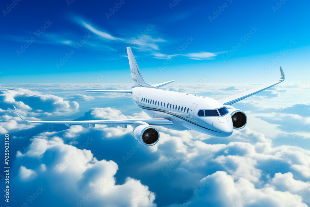 Obraz premium Realistic photo of White Luxury generic design private jet flying over the earth. Empty blue sky with white clouds at background.