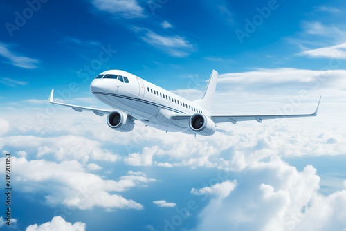 Realistic photo of White Luxury generic design private jet flying over the earth. Empty blue sky with white clouds at background.