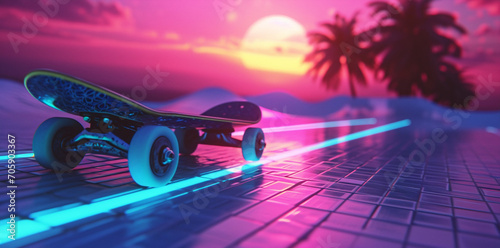 retrowave scene with a skateboard, purple palette mood, with palms background photo