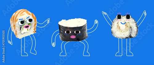 Cute sushi characters, rolls in retro collage style with halftone effect. Colored vector illustration of Japanese cuisine with doodles. Sushi mascot with arms, legs and a cute face.