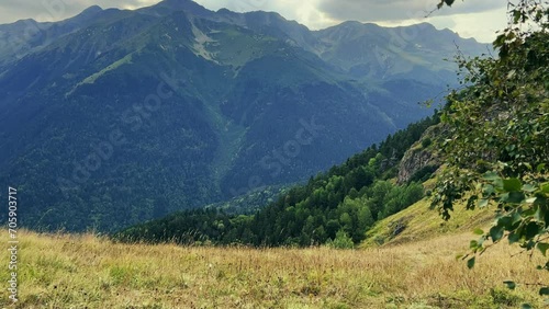 View of the mountain range near Mount Zakan. The top of the mountain node of the western part of the main ridge of the Greater Caucasus. Zakan Peak is the beginning of the Magisho mountain range. 4К photo