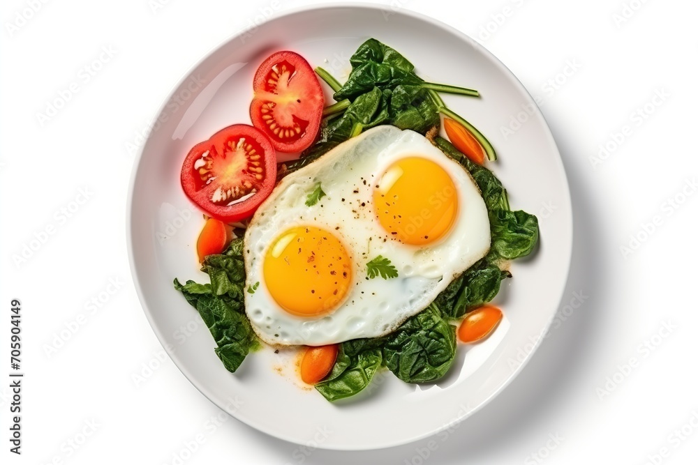 Fried eggs with vegetables and herbs in plate on white background Fried eggs with vegetables and herbs in plate on white background