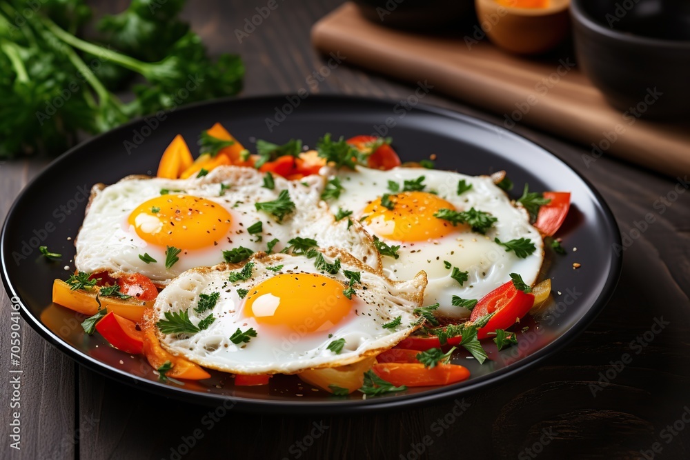 Fried eggs with vegetables and herbs in plate on wooden background Fried eggs with vegetables and herbs in plate on wooden background