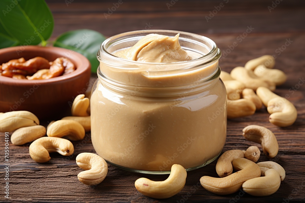 Glass jar with cashew butter on wooden table Glass jar with cashew butter on wooden table