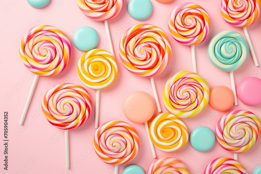 Colorful rainbow lollipops and candies on pink background Colorful rainbow lollipops and candies on pink background