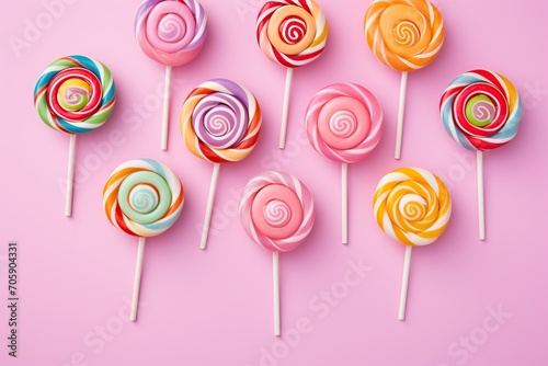 Colorful rainbow lollipops on pink background