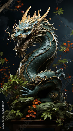 Green dragon, symbol of Chinese New Year 2024, on natural background © tynza