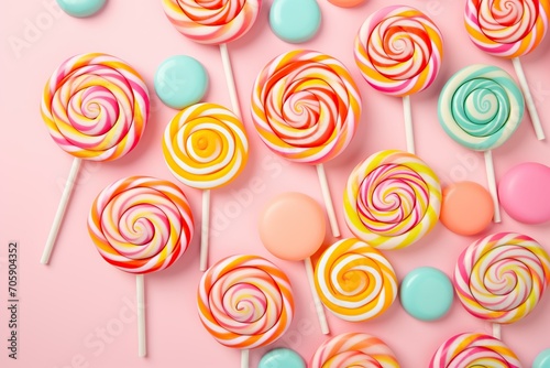 Colorful rainbow lollipops and candies on pink background